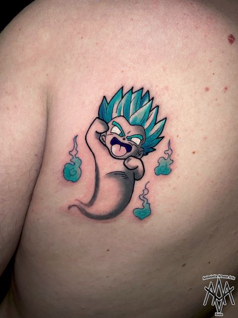 Dragon Ball Tattoos For Men, Ghost Gotenks Tattoo, Dragon Ball Small Tattoo, Trunks Tattoo Ideas, Trunks Dbz Tattoo, Dragonball Tattoo Ideas, Vegeta Tattoo Ideas, Dbz Tattoo Ideas, Michoacan Tattoo