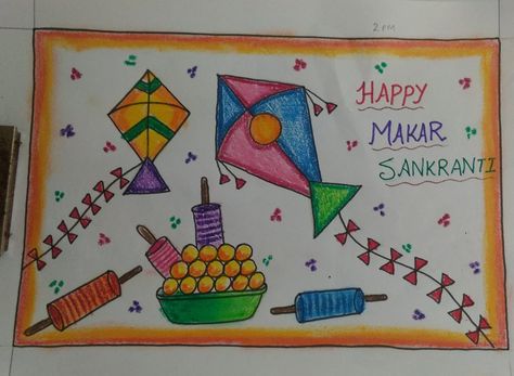 Uttrayan Drawings, Makar Sankranti Chart For School, Makar Sankranti Drawing Easy, Makar Sankranti Activity For Kids, Sankranti Drawing For Kids, Makar Sankranti Drawing For Kids, Uttarayan Drawing, Kite Festival Drawing, Kite Drawing For Kids