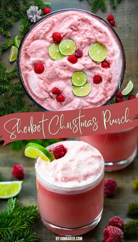 One image shows an overhead view of a bowl of sherbet christmas  punch. The second image shows a glass of punch on a wooden countertop with raspberries and lime wedges around it. Holiday Punch With Sherbert, Christmas Sherbet Punch Recipes, Holiday Punch With Sherbet, Holiday Sherbet Punch, Christmas Punch Sherbet, Christmas Slush Recipes Non Alcoholic, Sherbet Christmas Punch, Christmas Punch Recipes With Sherbert, Christmas Punch Sherbert