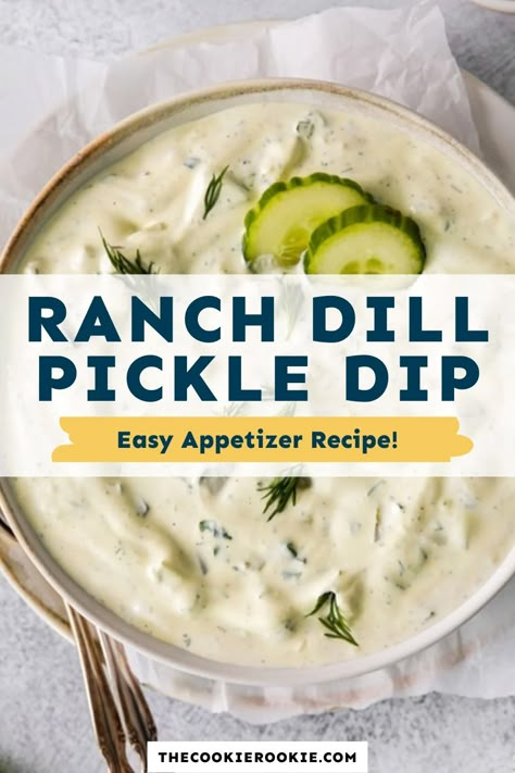 Get the party started with Ranch Dill Pickle Dip! This easy-to-make dip is creamy, smooth, and loaded with pickle flavor from the fresh dill, pickle juice, and finely diced pickles. Pickle lovers, rejoice - this one's for you! Dill Pickle Ranch, Pickle Ranch, Dill Pickle Dip Recipe, Pickle Dip Recipe, Dill Pickle Juice, Wrapped Smokies, Pickle Party, Ranch Dip Recipe, Dill Pickle Dip