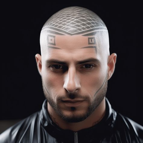 Buzz Cut with Geometric Patterns Head Tattoo Men Bald, Bald Head Tattoo Men, Head Tattoo Men, Bald Head Tattoo, Bald Black Man, Watch Tattoo Design, Band Tattoos For Men, Scalp Tattoo, Buzz Cut Hairstyles