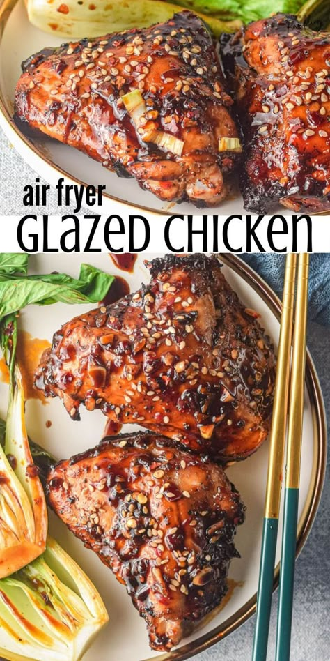 glazed air fryer chicken thighs Asian Chicken Marinade, Chicken Thighs In Air Fryer, Asian Marinade For Chicken, Glazed Chicken Thighs, Air Fryer Recipes Chicken Thighs, Air Fryer Chicken Thighs, Marinated Chicken Thighs, Asian Chicken Recipes, Marinating Chicken Breast