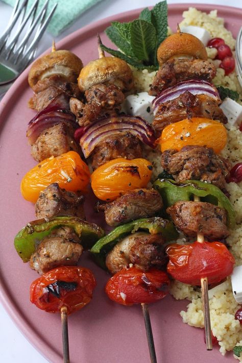 Delicious herby Lamb & Vegetable Kebabs served with Feta & Pomegranate Cous Cous. Kangaroo Recipe, Lamb Kebab, Wine Marinade, Steak Kebabs, Vegetable Kebabs, Lamb Kebabs, Garlic Steak, Steak Kabobs, Vegetable Skewers