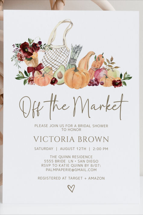 Fall bridal shower ideas. Shes off the market! Celebrate a bride to be with these autumn fall inspired farmers market invitations. Farmers Market Invitation, Fall Farmers Market, Fall Bridal Shower Ideas, Fall Bridal Shower, Bridal Shower Theme, Bridal Shower Invitation, Bride To Be, Autumn Inspiration, Bridal Shower Invitations