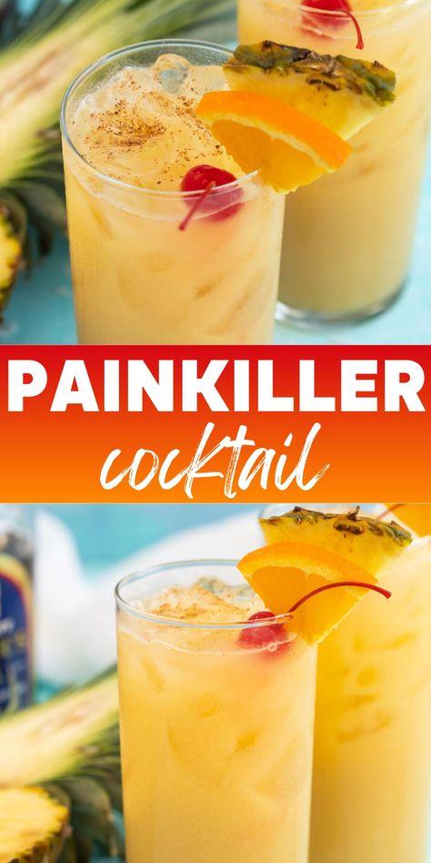 Two images of a painkiller cocktail garnished with pineapple, orange, and a maraschino cherry.  Overlay text is in the center of the images.