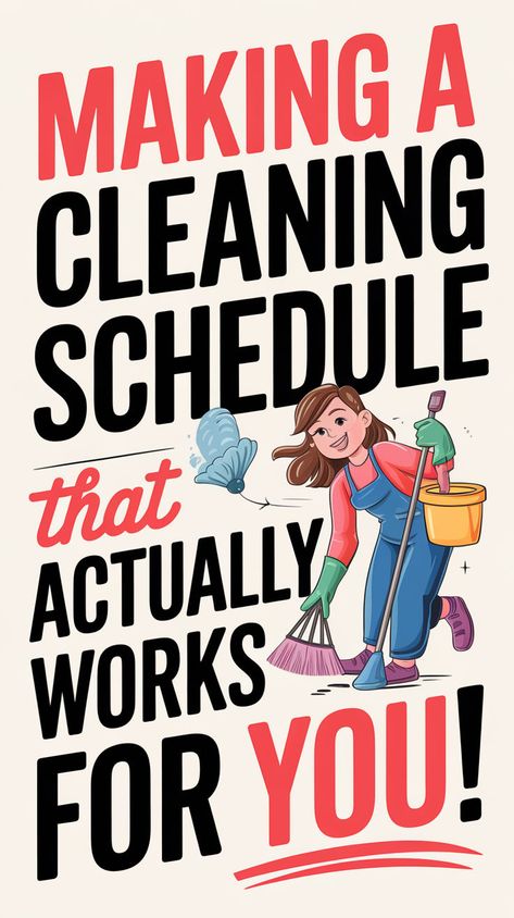 A pinterest pin with a busy mom happily cleaning. The title is "Making a Cleaning Schedule" with the subtitle "that actually works for you!". The lettering is bold, colorful, and creative. Schedule To Clean The House, 1950s Cleaning Schedule, House Work Schedule, Chore Schedule For Adults, Cleaning Routine Schedule, Family Cleaning Schedule, Zone Cleaning Schedule, Cleaning Schedule For Working Mom, Housework Schedule