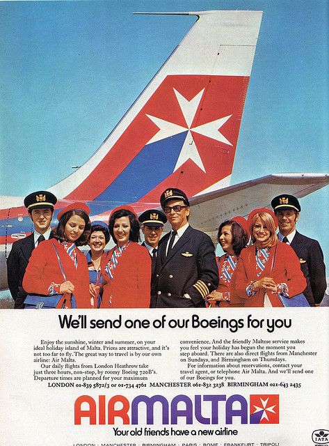 An Air Malta 70's advert showing the smiling, cheerful crew with the old Air Malta uniforms. The old Air Malta logo is depicted on the Boeing 720 tail in the background. The iconic cross is the symbol of the Maltese Islands. Air Malta, Malta Beaches, Airlines Branding, Vintage Airline Posters, Maltese Islands, Heritage Railway, Vintage Airline, Aviation Posters, Malta Island