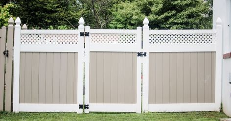 Latice Fence, Two Tone Vinyl Fence, White Vinyl Fence Around Pool, How To Install Vinyl Fencing, White Vynal Fencing, Vinyl Fence Panels Lowe's, Vinyl Fences, White Fence, 2022 Style