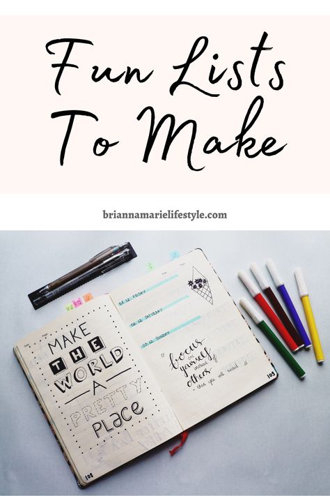 Picture of a journal with colored markers and the words Fun Lists To Make Making Lists Ideas, Todo Lists Ideas, Journal Favorites List, Lists To Make Journal Writing Prompts, Fun Lists To Make Journal, Lists To Make Journal, Lists Aesthetic, Fun Lists To Make, Lists Of Lists