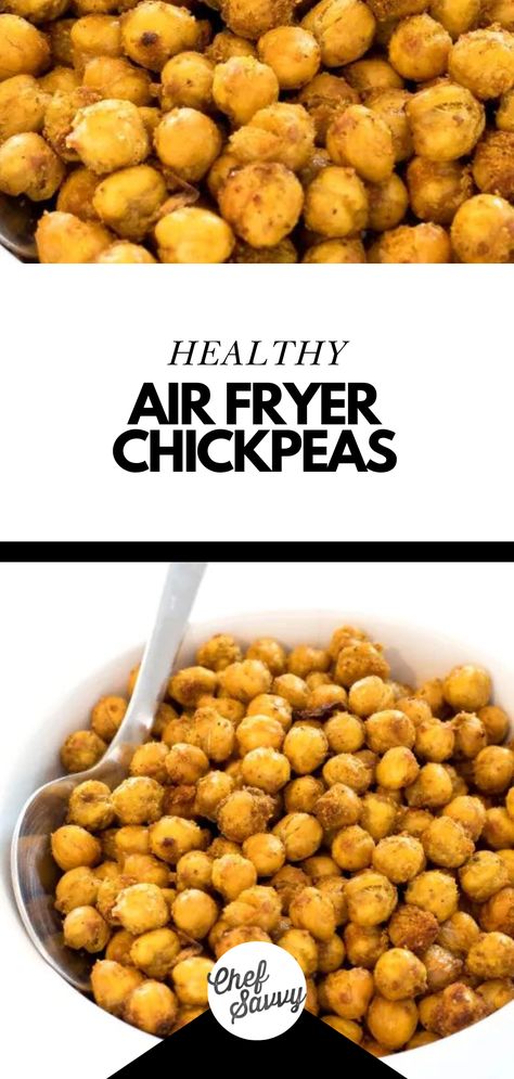 Save this Gluten Free Air Fryer Chickpeas Recipe! These air fryer chickpeas are going to be your new favorite Whole30-approved guilt free snack! With only a handful of ingredients, you can make these any time of the year. Perfect for meal-prep ahead of a busy week or for packing in school lunches. Follow Chef Savvy for more Healthy Snacks! Crispy Air Fryer Chickpeas, Air Fryer Chickpeas, Roasted Garbanzo Beans, Garbanzo Bean Recipes, Oven Roasted Chickpeas, Pea Snacks, Seasoned Chickpeas, Chickpea Snacks, Chickpeas Recipe