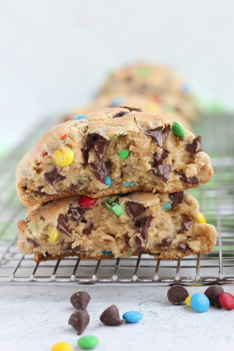 Giant Monster Cookies - Baking with Blondie Monster Cookie Cake, Baking With Blondie, Giant Cookies, Oatmeal Peanut Butter, Monster Cookies Recipe, Ultimate Chocolate Chip Cookie, Giant Chocolate Chip Cookie, My Monster, Monster Cookie