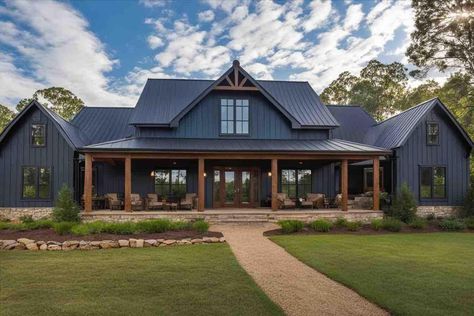 Dark Blue Farmhouse, Blue Farmhouse Exterior, Blue Farmhouse, Barn Homes Floor Plans, Farmhouse Exterior Design, Best Farmhouse, Gorgeous Houses, Southern Homes, Farmhouse Exterior