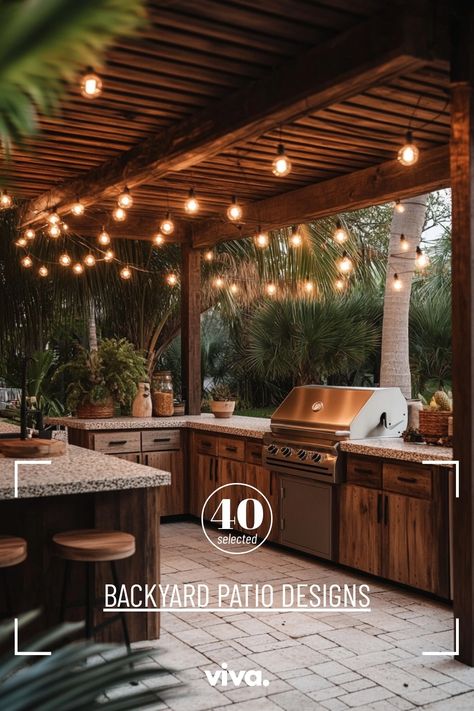 ♥ Are you looking for outdoor patio ideas to transform your backyard into a cozy oasis? Explore a variety of backyard patio designs and patio decorating ideas to create the perfect outdoor space. From small patio ideas to covered patios and concrete patio designs, find inspiration for your patio furniture and design. Plan your patio extension with patio roof extension ideas and cozy patio decor for a Mexican-inspired or bohemian patio style. Get creative with DIY patio furniture and enjoy your own small outdoor patio paradise. 🌿🏡🌞 #patiodesign #backyardpatio #outdoorpatioideas #patiodecor #smallpat Outdoor Indoor Kitchen, Patio Roof Extension Ideas, Luxurious Backyard, Natural Stone Tile Floor, Rustic Outdoor Kitchens, Outdoor Grill Area, Bohemian Patio, Small Outdoor Patios, Concrete Patio Designs