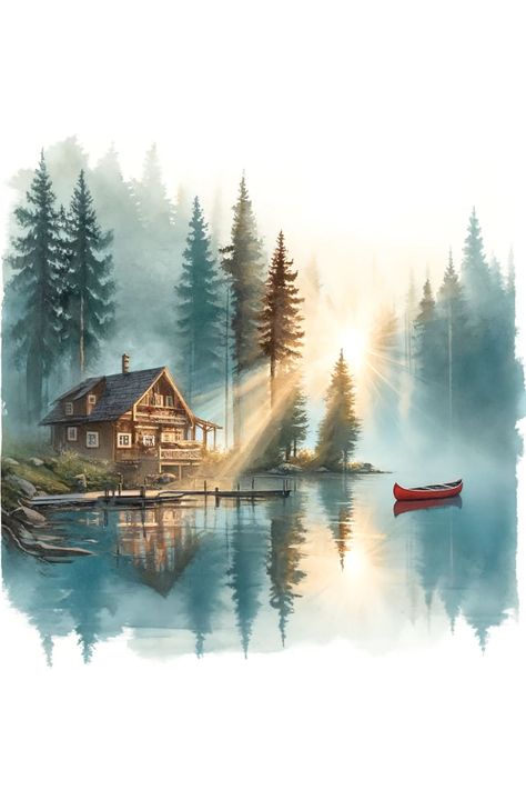 A serene lakehouse retreat with a red canoe reflecting on a misty lake, surrounded by majestic pine trees. Misty Lake, Relaxing Nature, Wooden Cabin, Filipino Art, Reflection Painting, Lake Front, Tray Ideas, Wooden Cabins, Pine Trees