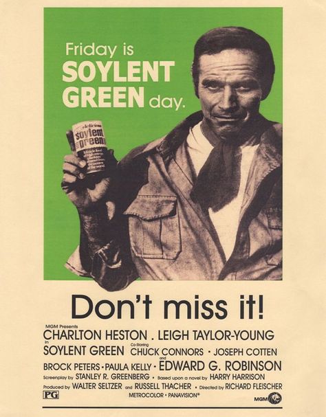 Poster for "Soylent Green" (1973) Soylent Green Movie, Green Movie, Soylent Green, Chuck Connors, Joseph Cotten, Classic Sci Fi, Worst Movies, B Movie, Vintage Horror