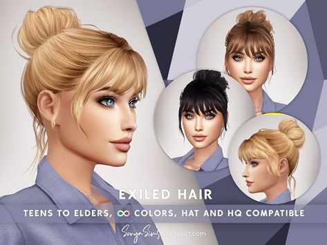 - Simple casual bun with fringes (bangs). - All LODs (essential for gameplay performance). - All ages. - HQ and hat compatible. - Almost unlimited colors. Learn how it works HERE. Casual Bun, Sims Love, Mod Hair, Cc Mods, Pelo Sims, Fringe Bangs, The Sims 4 Download, Sims Hair, Best Mods