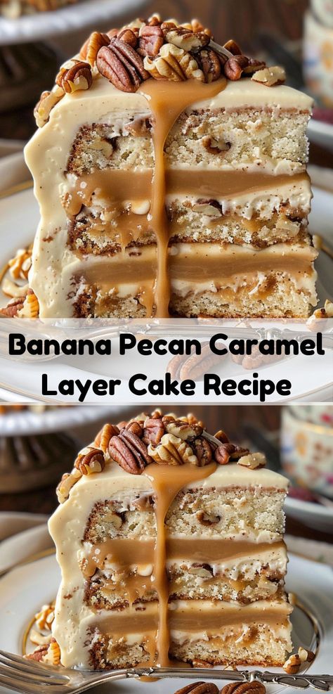 Craving caramel dessert? Our Banana Pecan Caramel Layer Cake recipe is perfect! This cake blends banana and pecan pie flavors for a delightful twist on traditional cakes. Pecan Layer Cake, Cake With Pecans, Spiced Apple Cake, Weight Watcher Desserts, Layer Cake Recipes, Torte Cupcake, Caramel Frosting, Pecan Cake, Low Carb Dessert