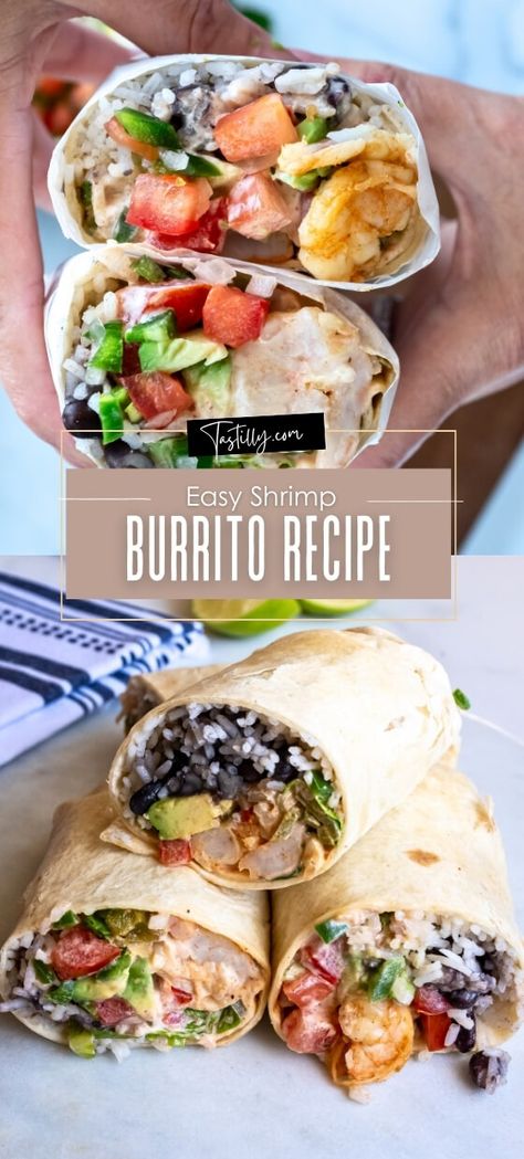 Quick & Easy Shrimp Burrito Recipe via @tastillyb Easy Shrimp Burrito, Shrimp Wraps Recipes, Baja Recipes, Shrimp Burrito Recipe, Shrimp Melt, Shrimp Burritos, Shrimp Wrap, Shrimp Tortilla, Shrimp Burrito