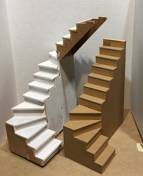 My Miniature Madness: Good News/Bad News About Stairs Paper Architecture Model Ideas, Diy Miniature Stairs, Dollhouse Elevator Diy, Cardboard Stairs Diy, Paper Architecture Model House, Cardboard Stairs, Stairs Miniature, Model Making Ideas, Box Stairs