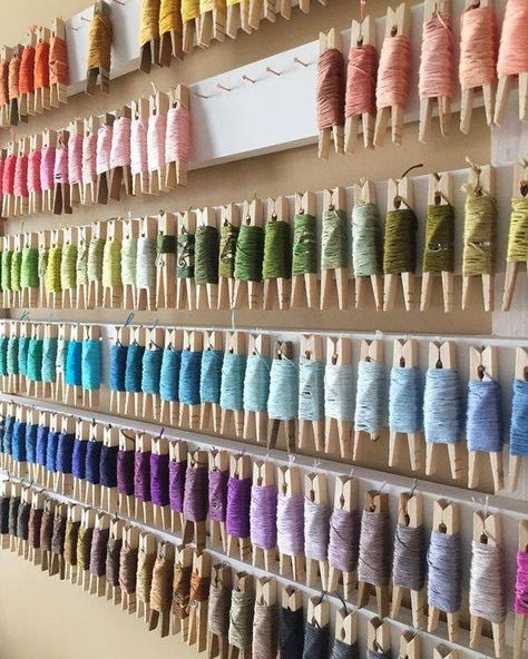 Craft Ribbon Storage, Craft Room Ideas On A Budget, Embroidery Floss Storage, Embroidery Floss Crafts, Ribbon Storage, Thread Organization, Budget Crafts, Craft Room Design, Sewing Room Organization