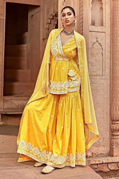 Yellow Border Mirror Embroidered Peplum Angrakha Set with Dupatta Elegant Royal Dresses, Haldi Dress Ideas, Sheer Dupatta, Indian Kurti Designs, Saree Wearing Styles, Yellow Border, Mirror Embroidery, Embroidered Hem, Kids Dress Patterns