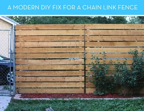 How To: A Smart Solution for Covering an Ugly, Existing Chain Link Fence » Curbly | DIY Design Community Cedar Paneling, Pallet Fence, Diy Fence, Front Yard Fence, Privacy Fences, Cedar Fence, Modern Fence, Chain Link Fence, Backyard Fences