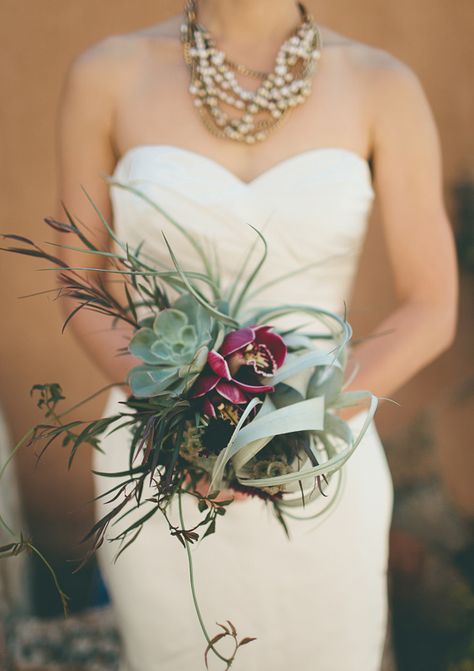 modern burgundy and dusty green bride's bouquet. natural, wild greeneries, orchids, succulents. Layered Pearls, Succulent Bouquet Wedding, Bouquet Bride, Succulent Bouquet, Succulent Wedding, Future Ideas, Desert Wedding, Neck Piece, Pretty Dress