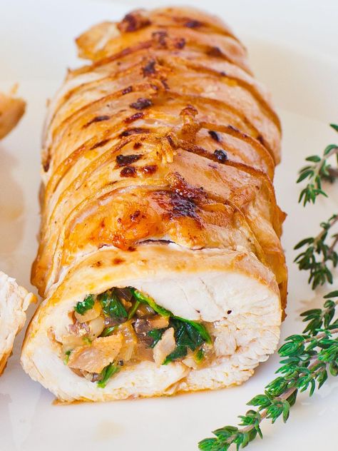 Stuffed Turkey Breast Roll (video) - Tatyanas Everyday Food Stuffed Turkey Breast, Turkey Rolls, Turkey Roll, Braised Chicken Breast, Stuffed Turkey, Turkey Stuffing, Thanksgiving Dinner Recipes, Whole Turkey, Air Fryer Healthy