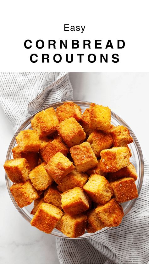 You can repurpose day-old cornbread to make these easy cornbread croutons. After they toast in the oven, they become golden brown and crisp. Then they are ready for you to toss them into salads or enjoy them as toppings for soups and chilis. Cornbread Croutons Pioneer Woman, Cornbread Crisps Recipe, Cornbread Croutons Recipes, Ways To Use Leftover Cornbread, Things To Make With Cornbread, Uses For Leftover Cornbread, Leftover Cornbread Recipes Ideas, Cornbread Leftovers Recipes, Leftover Cornbread What To Do With