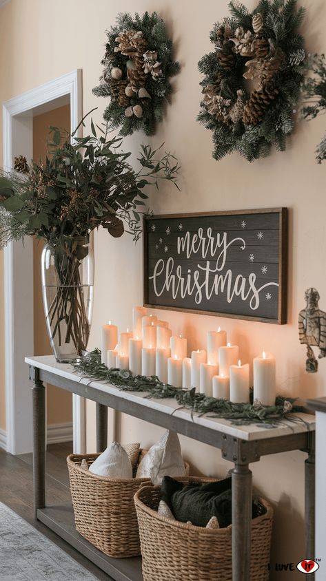 17 Stunning Entry Table Christmas Decor Ideas to Wow Your Guests - I Luve It Buffet Table Christmas Decor, Christmas Decor Entry Table, Entrance Table Christmas Decor, Entry Table Christmas Decor, Entry Table Christmas Decor Ideas, Christmas Entryway Table Decor, Table Christmas Decor Ideas, Christmas Dining Table Decorations, Silver Tablecloth