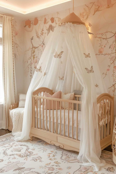 32 Charming Butterfly Nursery Ideas for a Dreamy Baby Room Plain Nursery Ideas, Heaven Sent Nursery Theme, Pink Cloud Nursery Theme, Home Decor Ideas Nursery, Fairy Garden Nursery Baby Girl, Cherry Blossom Nursery Theme, Light Pink Baby Nursery, Woodland Fairy Nursery Theme, Baby Room Girl Ideas