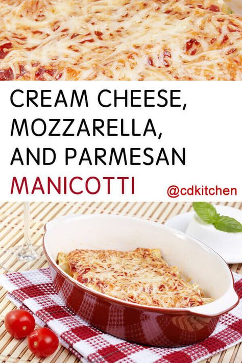 Cream Cheese, Mozzarella, And Parmesan Manicotti - Can't go wrong with cheesy pasta. This three-cheese manicotti can be altered in all sorts of ways, including adding layers of mushrooms or Italian sausage. If you want to keep it nice and easy, though, it's pretty perfect the way it is. Made with manicotti pasta, Mozzarella cheese, cream cheese, marinara sauce, Parmesan cheese | CDKitchen.com Manicotti Recipe With Cream Cheese, Tuscan Dishes, Manicotti Pasta, Cream Of Pumpkin Soup, Meal Planing, Cheese Manicotti, Cream Cheese Pasta, Parmesan Cheese Sauce, Manicotti Recipe