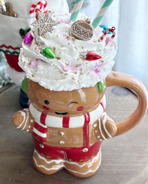 DIY Gingerbread Mugs with Faux Whipped Cream Toppers Mug Toppers Diy Christmas, Mug Toppers Diy, Hot Cocoa Station, Mug Toppers, Cocoa Station, Gingerbread Mug, Faux Whipped Cream, Diy Gingerbread, Mug Diy