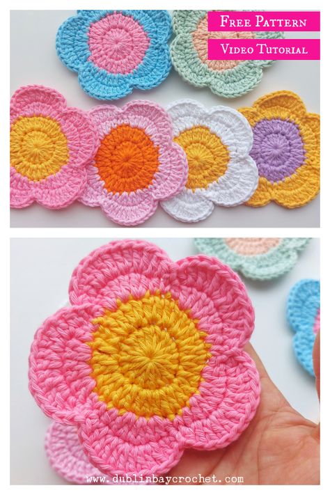 Flower Coasters Free Crochet Pattern and Video Tutorial Easy Crochet Patterns Free Beginners, Crochet Blanket Diy, Beanie Knitting Patterns Free, Crochet Necklace Pattern, Crochet Coasters Free Pattern, Flower Coaster, Crochet Hot Pads, Flower Coasters, Coaster Pattern