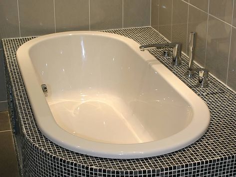 Arcadia built-in bath | Traditional Oval Built-In Bath Tiled Deck, Bathtub Cover, Oval Bath, Bathroom Layout Plans, Bath Surround, Built In Bathtub, Built In Bath, Drop In Tub, Space Saving Baths