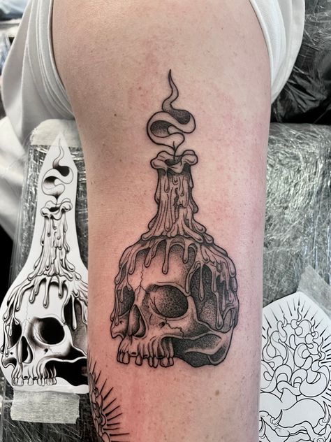 Dotwork Skull and Candle Tattoo Skull With Candle Tattoo Design, Heart Candle Tattoo, Skull And Candle Tattoo Design, Double Burning Candle Tattoo, Fineline Skull Tattoo, Candle Skull Tattoo, Candle Burning At Both Ends Tattoo, Skull And Candle Tattoo, Melting Candle Tattoo