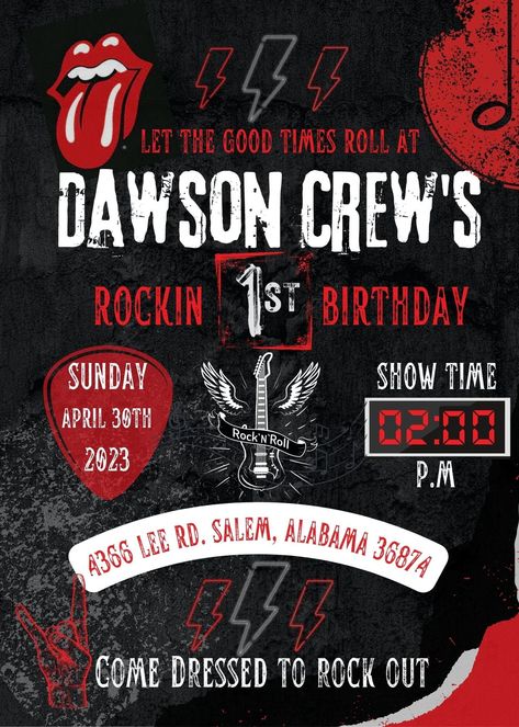 Rock Themed Birthday instant download. -editable text  -Template is 5 X 7 ** Bonus Food Bar signs included with print as an option for party decoration. One Rocks First Birthday, 30th Birthday Themes, Text Template, Food Bar, Sweet 16 Birthday Party, Birthday Idea, 30th Birthday Parties, 16th Birthday Party, Good Times Roll