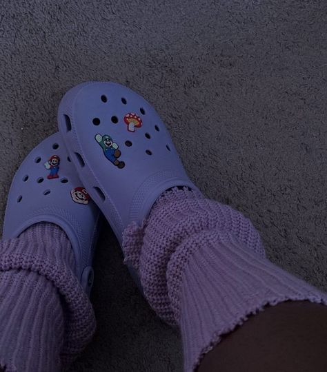 this is just a picture of my lavender crocs with leg warmers Lilac Crocs Outfit, Crocs And Leg Warmers, Crocs With Leg Warmers, Lavender Crocs Outfit, Crocks Shoes Purple, Lavender Crocs Aesthetic, Lilac Crocs, Lilac Crocs With Charms, Crocs Lavender