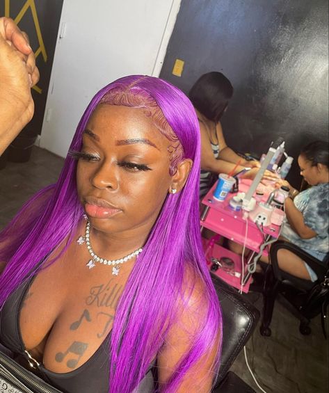 Purple Wig On Black Women, Black And Purple Wig Black Women, Light Purple Wigs For Black Women, Hair Color Ginger, Purple Hair Lace Wig, Pink And Purple Wig Install, Wigs Body Wave, Colorful Wigs, Rainbow City