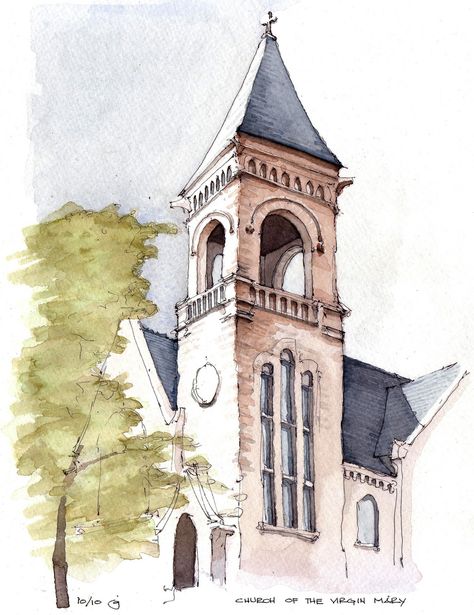 City Drawings, Sketch House, Croquis Architecture, Building Sketch, Urban Sketch, Watercolor Architecture, Park Slope, Ink And Watercolor, Bell Tower