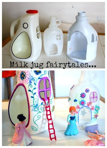 Upcycle: Milk Jug Wizardry! Fairy houses...these are awesome. They could be boy-critter houses :) Milk Jug Crafts, Diy Plastic Bottle, Diy Toddler, Plastic Bottle Crafts, Recycled Projects, Recycled Crafts, Fairy Houses, Fairy House, Milk Jug