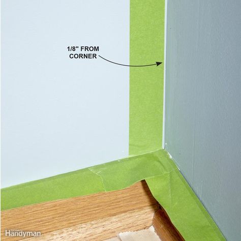 When you're changing wall colors at an inside corner, it can be hard to get a nice straight line, especially if the corner is rounded or has built-up layers of paint. The trick is to paint around the corner with the first color. Then when the paint dries, mask off the painted side using top-quality edge-sealing painter's tape (FrogTape Multi-Surface is one example available from amazon.com). But don't try to tape right down the corner. Instead, move the tape about 1/8 in. from the corner where i Wall Painting Designs, Painting Walls Tips, Interior Painting, Storing Paint, Interior Paint Colors, Painting Designs, Diy Home Repair, Bedroom Paint, Window Painting