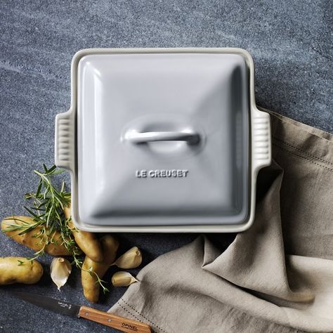 Le Creuset Heritage Stoneware Shallow Square Covered Baking Pan | Williams Sonoma Le Creuset Bakeware, Baked Desserts, Kitchen Photography, Photography Reference, Le Creuset Stoneware, Kitchenware Store, French Grey, Heritage Collection, Le Creuset