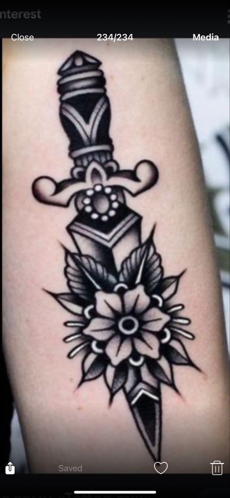 Old School Tattoo Black And White, Cool Traditional Tattoos Black, Leaf Tattoo Traditional, American Traditional Knee Cap Tattoo, Black And Grey Neo Traditional Tattoo, American Traditional Black Tattoo, Knife Traditional Tattoo, Forearm Traditional Tattoo, Traditional Dagger Tattoo Design