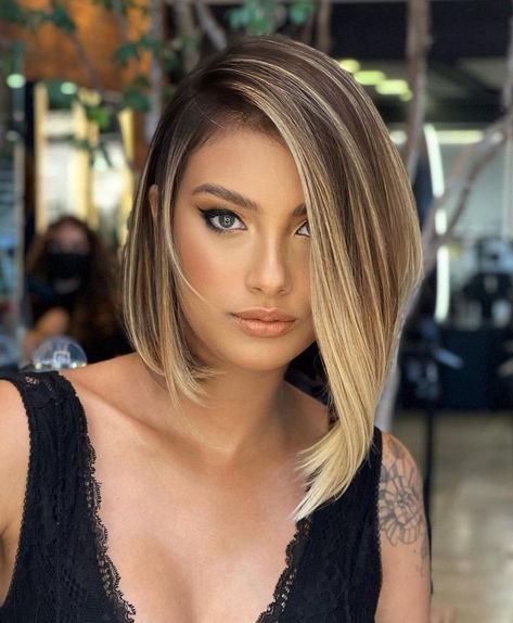 Sleek Deep Side Part Balayage Bob Undercut Mohawk, Blonde Angled Bob, Blonde Hair Bangs, Beige Blonde Hair Color, Blonde Balayage Bob, Long Angled Bob, Blonde Hair Tan Skin, Hair Tan Skin, Asymmetrical Bob Haircuts