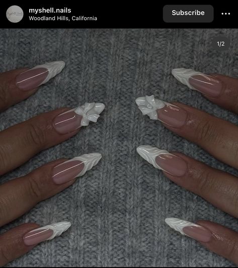 Almond Bow Acrylic Nails, Nude Nails With Bow, White Bow Nails, White Accent Nails, Almond Acrylic Nails Designs, Acrylic Nails Almond Shape, Nail Appointment, Graduation Nails, Long Nail Designs