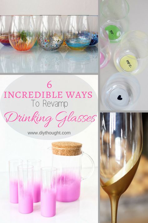 6 Incredible Ways To Revamp Drinking Glasses - diy Thought Diy Shot Glasses, Drinking Glasses Diy, Custom Drinking Glasses, Shot Glasses Diy, Small Drinking Glasses, Old Glasses, Paint And Drink, Etched Wine Glasses, Homemade Furniture