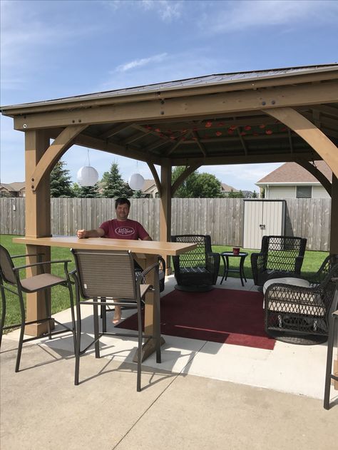 Our Yardistry Gazebo with custom bar top addition. Pergolas Ideas, Gazebo Bar, Diy Gazebo, Gazebo Ideas, Gazebo Plans, Outdoor Patio Bar, Backyard Gazebo, Backyard Bar, Backyard Remodel