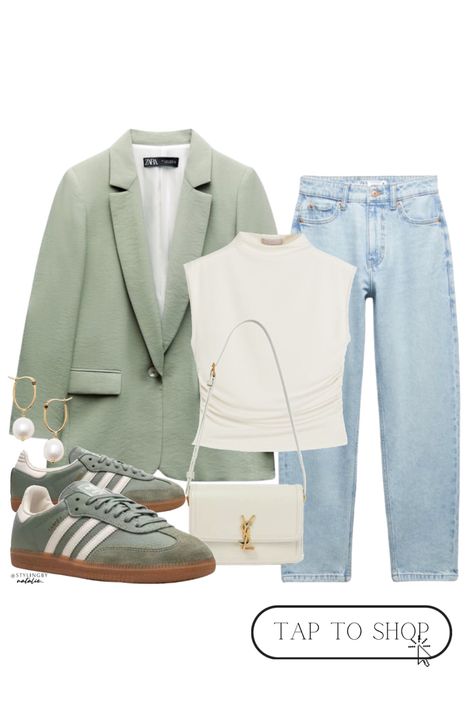 Casual outfit, everyday outfit, everyday look, summer outfit, adidas samba Mint Blazer Outfit, Green Crop Top Outfit, Green Blazer Outfit, Blazer Casual Outfit, Mint Blazer, Mint Green Blazer, Looks Adidas, Trainers Outfit, Chique Outfit