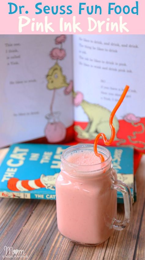 Dr. Seuss Fun Food - Pink Yink Drink Recipe (plus links to 40+ other great Dr. Seuss ideas)! Seuss Snacks, Dr Seuss Snacks, Dr Suess Day, Food Recipe Healthy, Kindergarten Lunch, Dr Seuss Crafts, Dr Seuss Activities, Dr Seuss Theme, Dr. Seuss